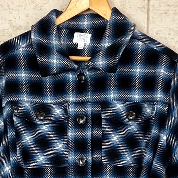 Thick Wool Plaid Shacket Large Blue Black White Belted Jacket Flannel - Picture 2 of 14